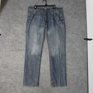 FUSAI Jeans Mens 38 Blue Embroidered Pocket Denim Streetwear Y2K Baggy 38x34